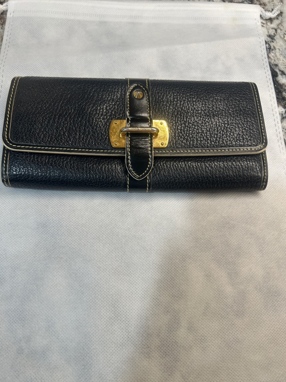 Louis Vuitton Black Leather Sunhill Buckle Wallet with Gold Hardware